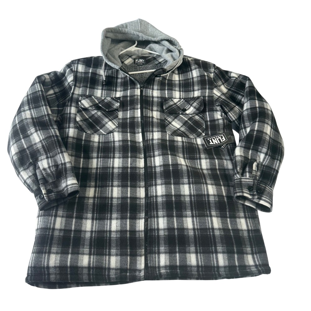 Flint Workwear Mens Black White Plaid Sherpa Lined Hooded Shirt Jacket Tall LT